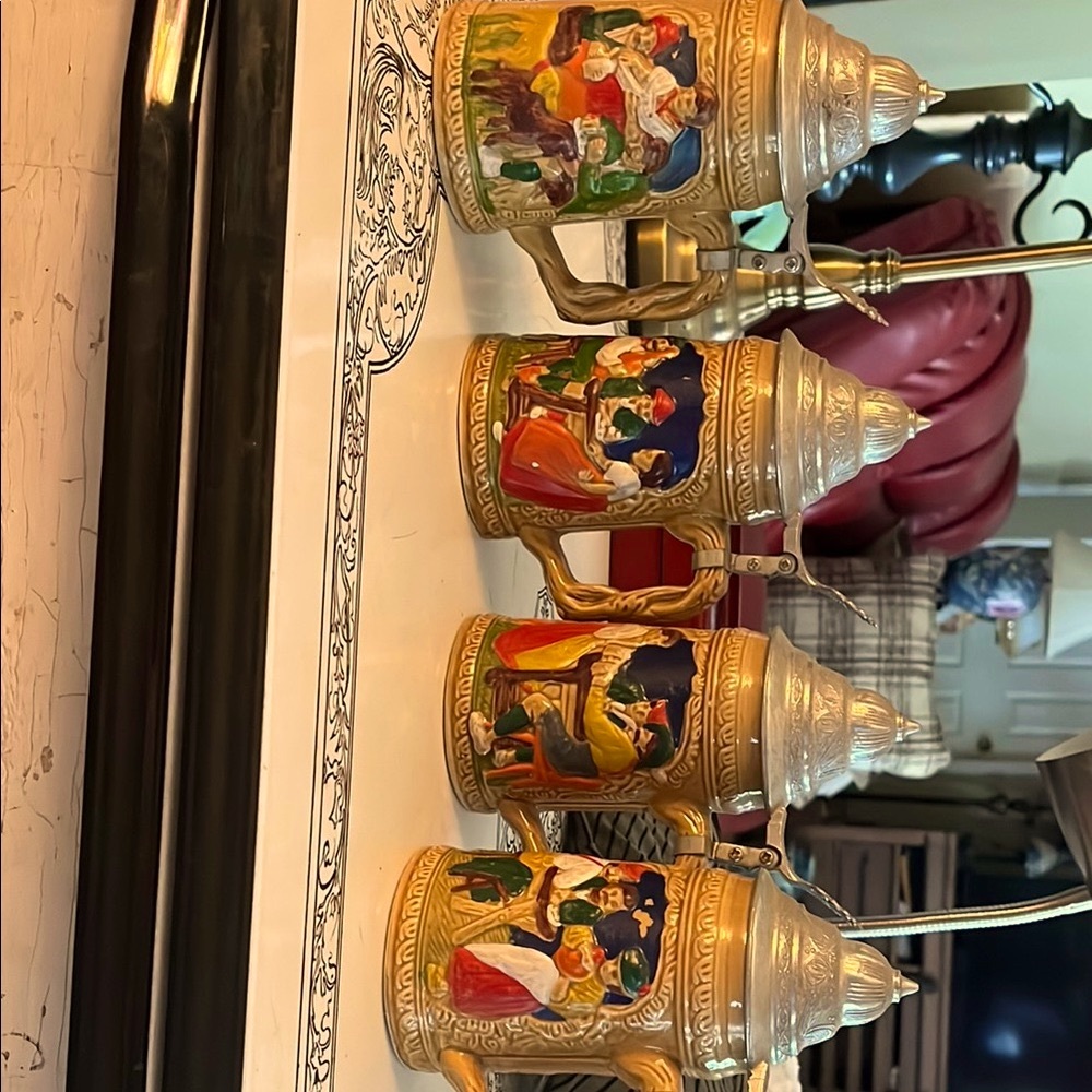 German Style Ceramic Beer Steins with Pewter Lids